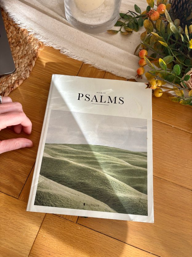 Alabaster Psalms and Proverbs books with Scripture and photography