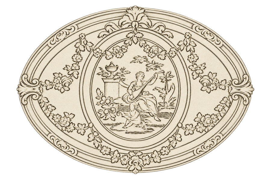 Vintage engraving of a woman playing a lute in an ornate floral oval frame